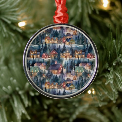 Montana Christmas at Midnight Street Watercolor Metal Ornament