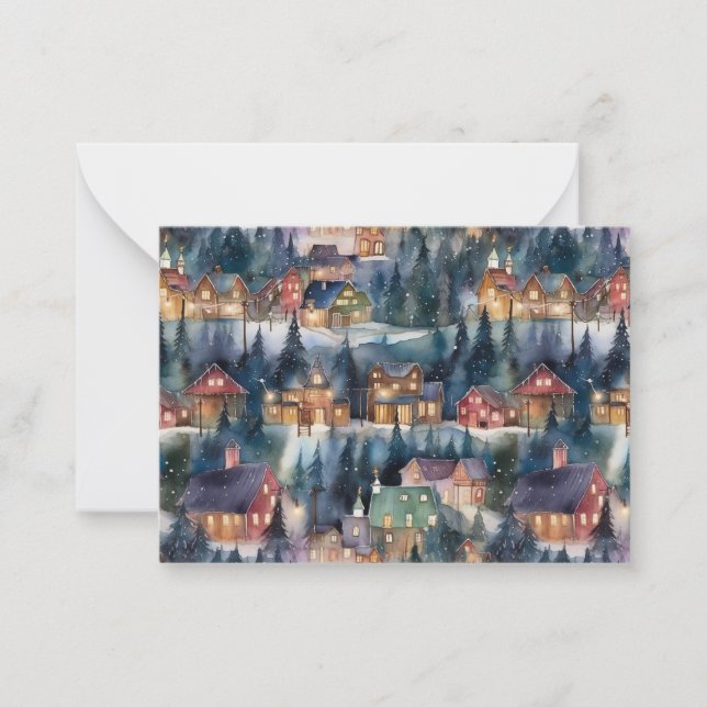 Montana Christmas at Midnight Street Watercolor Note Card (Front)