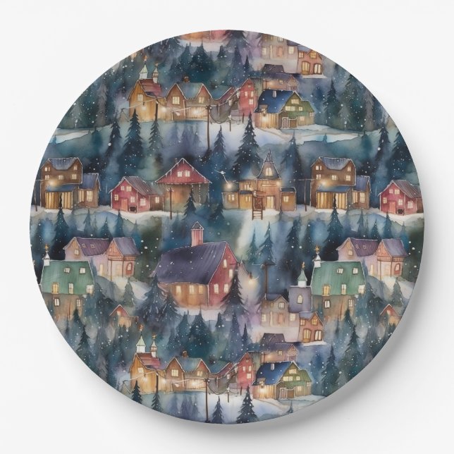 Montana Christmas at Midnight Street Watercolor Paper Plates (Front)