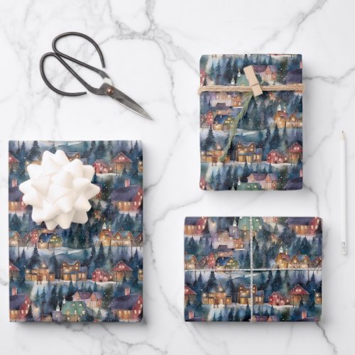 Montana Christmas at Midnight Street Watercolor Wrapping Paper Sheets