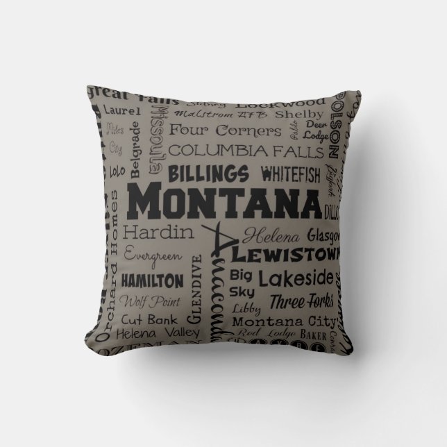 Montana Cities Typography throw pillow in gray (Front)