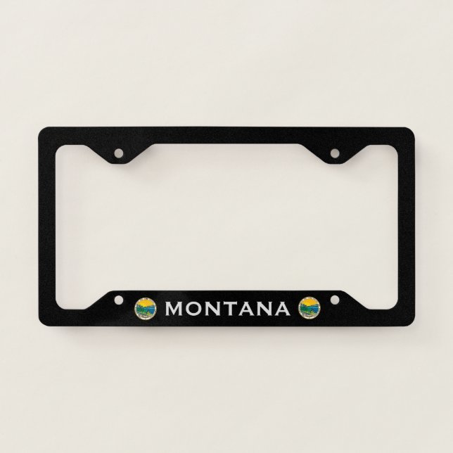 Montana Flag Coat Of Arms Black License Plate Frame (Front)