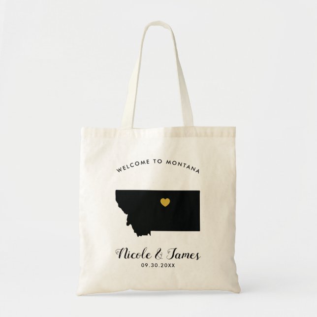 Montana Map Wedding Welcome Bag, Black & Gold Tote Bag (Front)