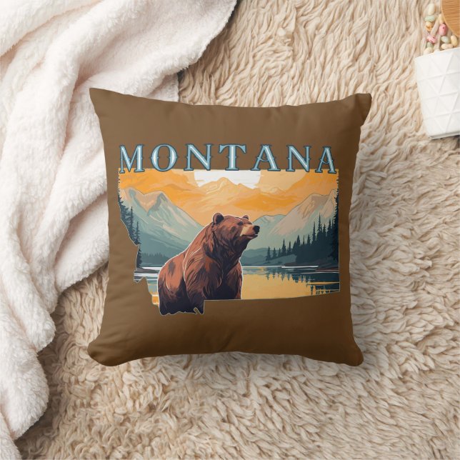 Montana Outline Bear Mountains Throw Pillow (Blanket)
