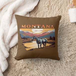 Montana Outline Wild Horses Throw Pillow
