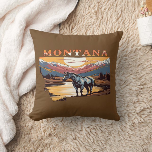 Montana Outline Wild Horses Throw Pillow (Blanket)