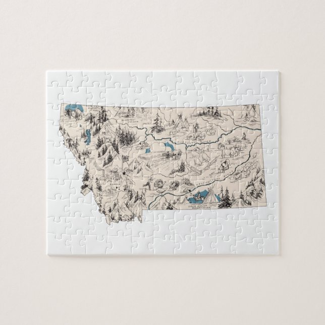 Montana Shaped Montanan Vintage Picture Map Jigsaw Puzzle (Horizontal)