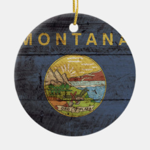 Montana State Flag on Old Wood Grain Ceramic Ornament