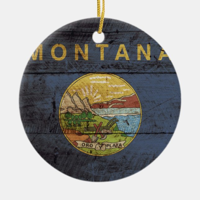 Montana State Flag on Old Wood Grain Ceramic Ornament (Front)