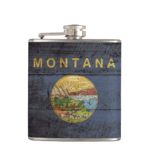 Montana State Flag on Old Wood Grain Flask