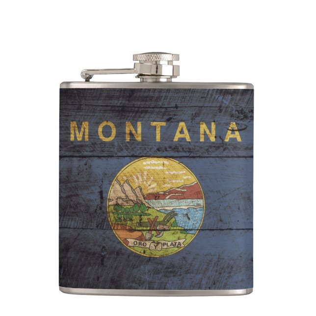 Montana State Flag on Old Wood Grain Flask (Front)