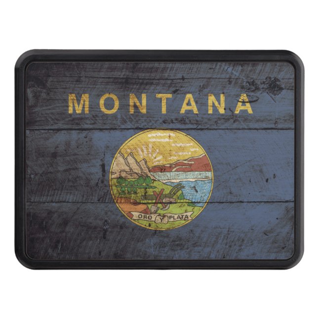 Montana State Flag on Old Wood Grain Hitch Cover (Front)