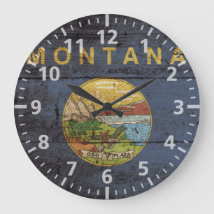 Montana State Flag on Old Wood Grain Large Clock