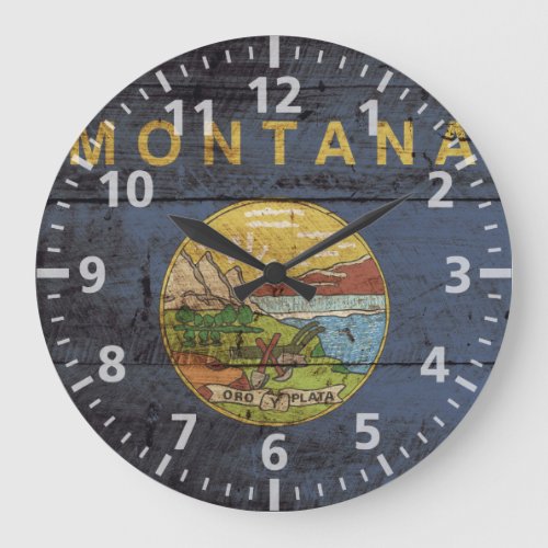 Montana State Flag on Old Wood Grain Large Clock