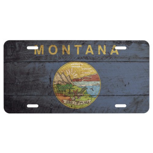 Montana State Flag on Old Wood Grain License Plate