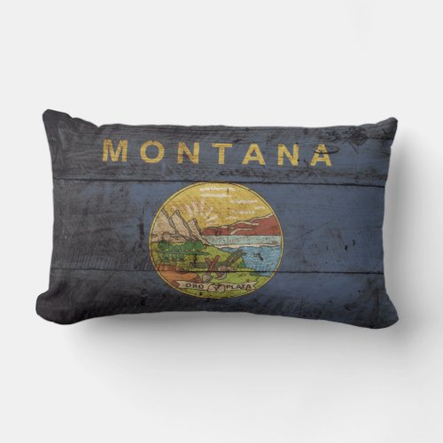 Montana State Flag on Old Wood Grain Lumbar Pillow