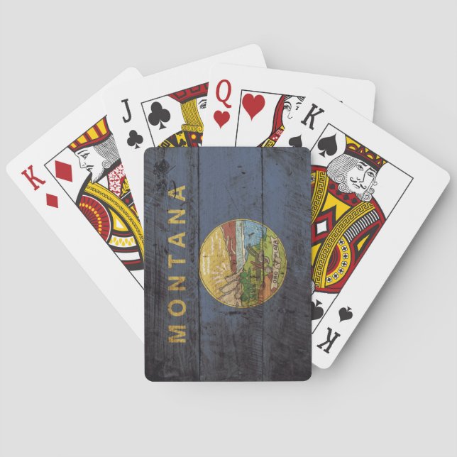 Montana State Flag on Old Wood Grain Poker Cards (Back)