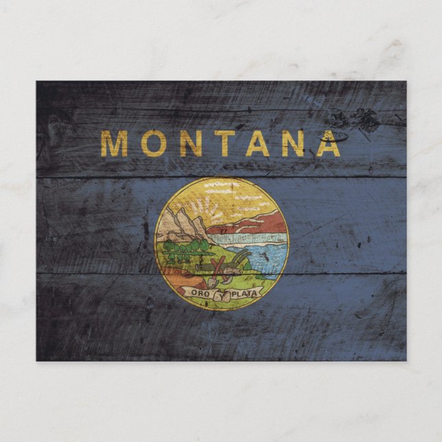 Montana State Flag on Old Wood Grain Postcard (Front)