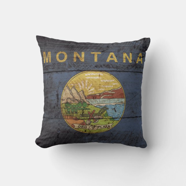 Montana State Flag on Old Wood Grain Throw Pillow (Front)