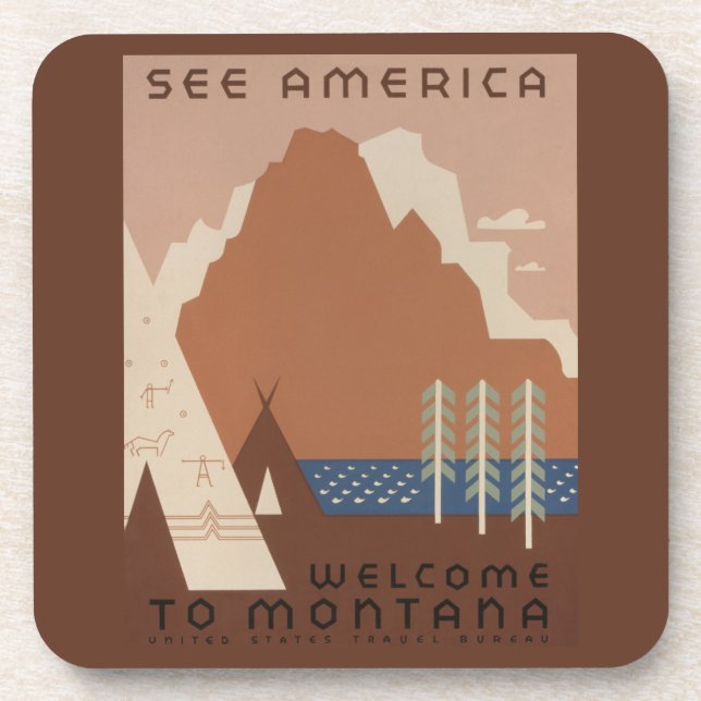 Montana State: Indian Tribes, Mountains, Prairie Beverage Coaster (Front)