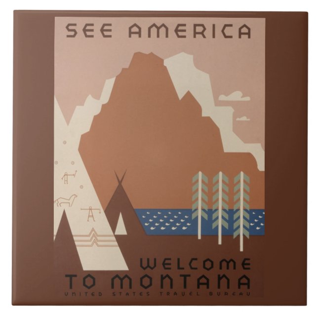 Montana State: Indian Tribes, Mountains, Prairie Ceramic Tile (Front)