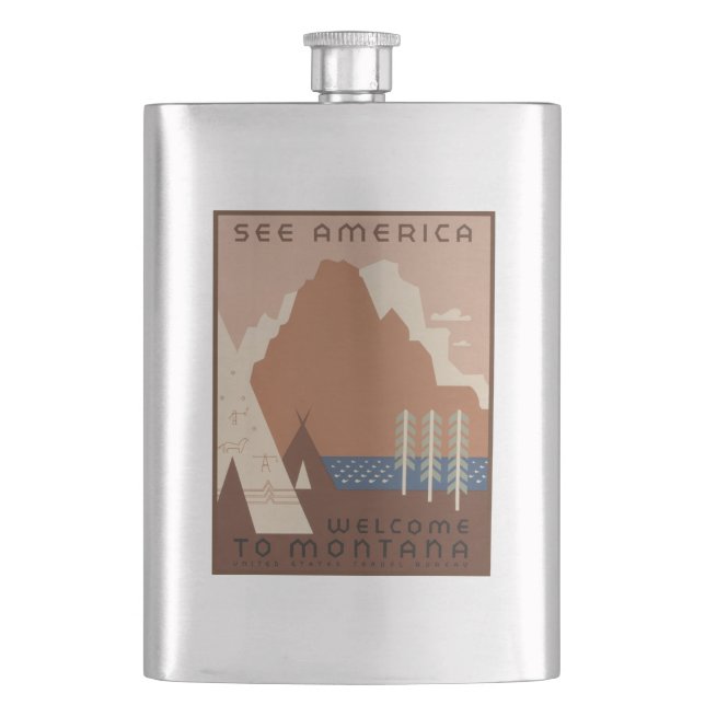 Montana State: Indian Tribes, Mountains, Prairie Flask (Front)