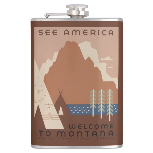 Montana State: Indian Tribes, Mountains, Prairie Flask (Front)