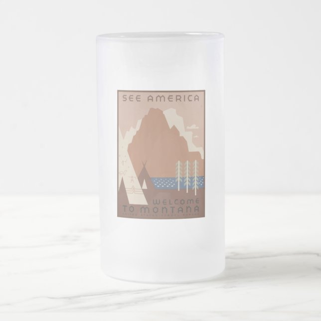 Montana State: Indian Tribes, Mountains, Prairie Frosted Glass Beer Mug (Center)