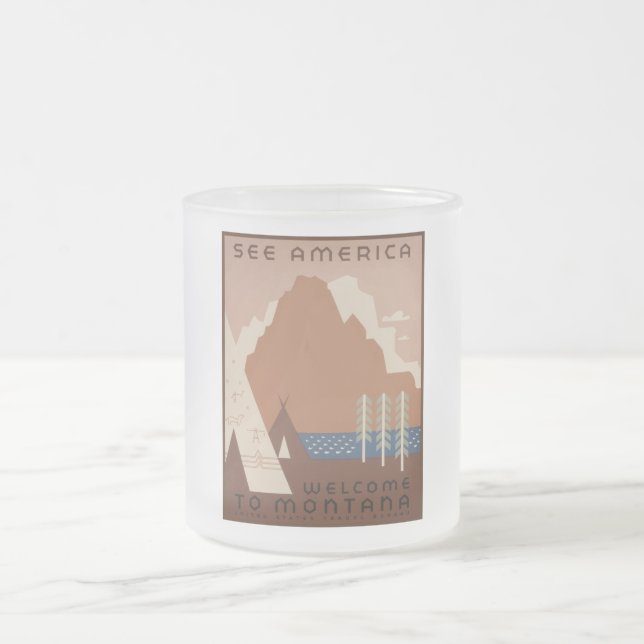 Montana State: Indian Tribes, Mountains, Prairie Frosted Glass Coffee Mug (Center)