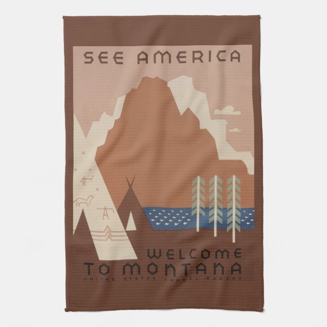 Montana State: Indian Tribes, Mountains, Prairie Kitchen Towel (Vertical)