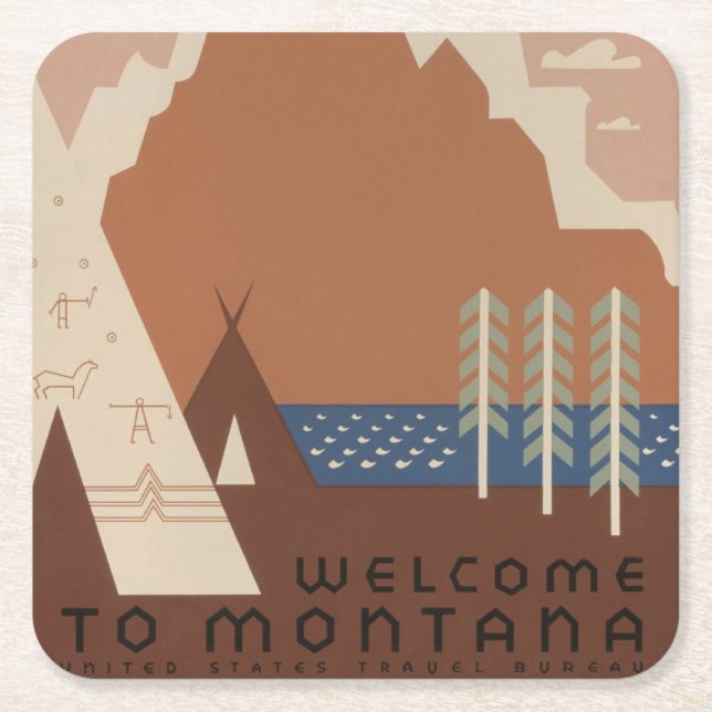 Montana State: Indian Tribes, Mountains, Prairie Square Paper Coaster (Front)