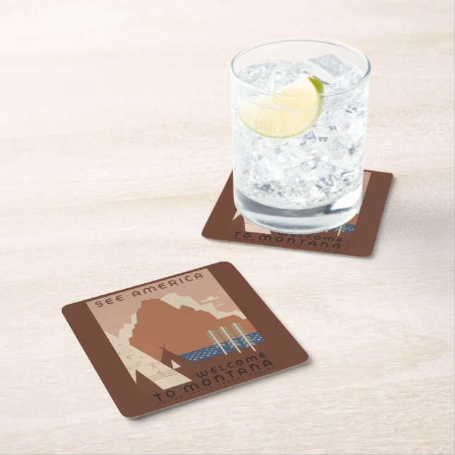 Montana State: Indian Tribes, Mountains, Prairie Square Paper Coaster (Insitu)