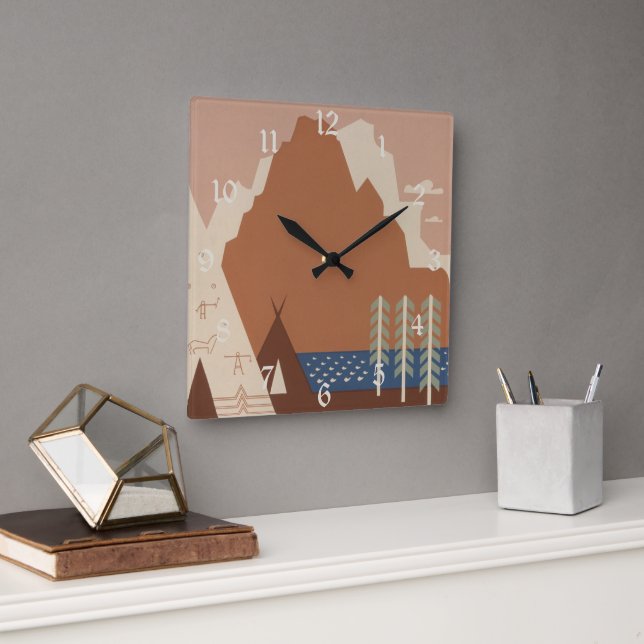 Montana State: Indian Tribes, Mountains, Prairie Square Wall Clock (Office)