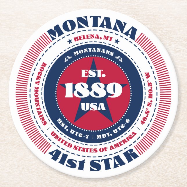 Montana State Red White Blue Round Paper Coaster (Front)