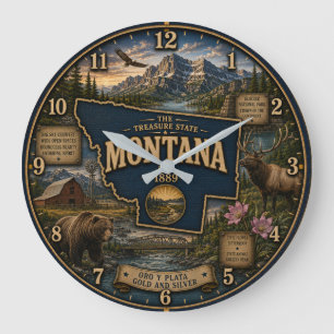 Montana State Treasure State Mountain  Wildlife Large Clock