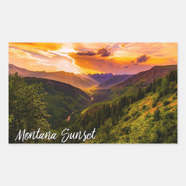 Montana Sunset Mountain Valley River and Trees Rectangular Sticker (Front)