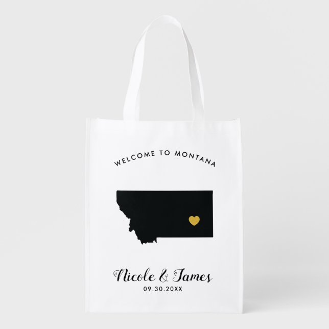 Montana Wedding Welcome Bag, Black and Gold Grocery Bag (Front)