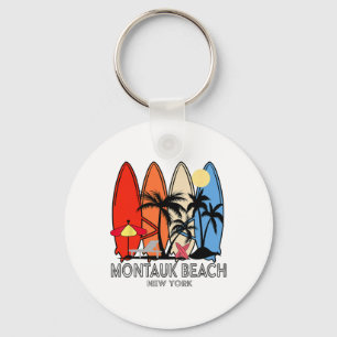 Montauk Beach New York Retro Surfboard Vintage Keychain