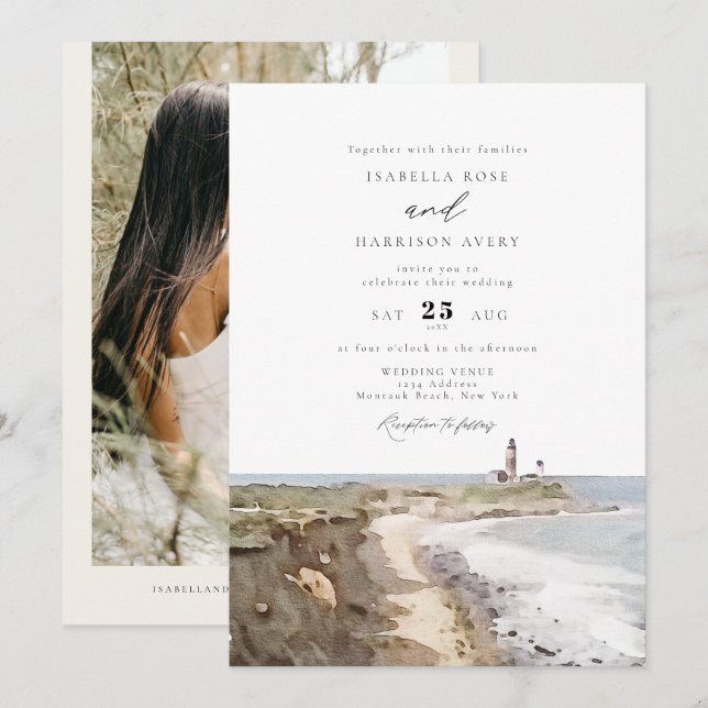 MONTAUK Lighthouse New York Watercolor Wedding  In Invitation (Front/Back)