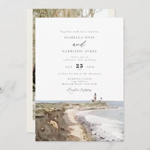 MONTAUK Lighthouse New York Watercolor Wedding  In Invitation