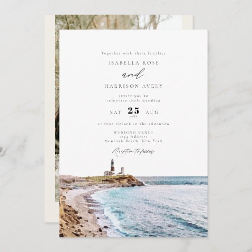 MONTAUK Lighthouse New York Watercolor Wedding  Invitation