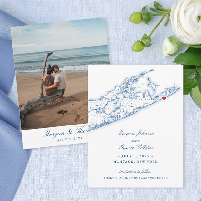 Montauk Map Save the Date for a Hamptons Wedding (Elegant Montauk Map Save the dates perfect for your navy blue destination wedding in the Hamptons)