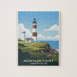 Montauk Point Lighthouse, Coastal Cliff & Sailboat Jigsaw Puzzle<br><div class="desc">Escape to Long Island’s eastern tip with this evocative Montauk Point Lighthouse poster. This illustration spotlights the classic striped lighthouse perched on a rugged ocean cliff, a solitary sailboat drifting on the horizon, and the vast, sunlit sea under a clear sky. Perfect for coastal décor, office spaces, or as a...</div>