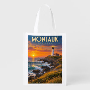 Montauk Point Lighthouse Sunset New York Grocery Bag