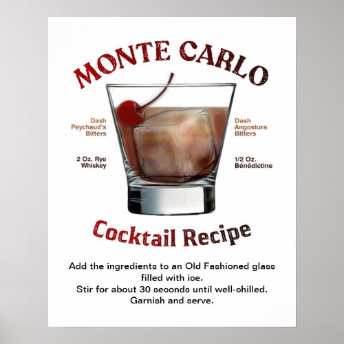 Monte Carlo Cocktail Recipe 16X20  Poster