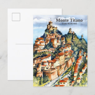 Monte Titano San Marino Watercolor Painting Travel Postcard