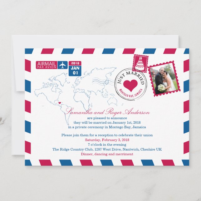 Montego Bay Jamaica Airmail Post Wedding Reception Invitation (Front)