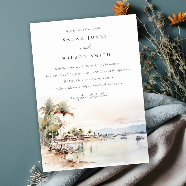 Montego Bay Jamaica Watercolor Landscape Wedding Invitation (Creator Uploaded)