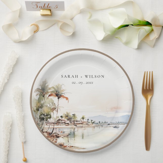Montego Bay Jamaica Watercolor Landscape Wedding Paper Plates (Wedding)