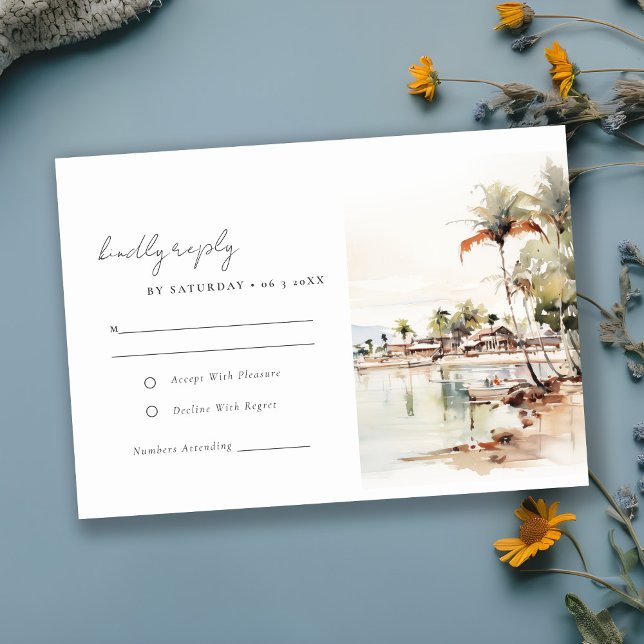 Montego Bay Jamaica Watercolor Landscape Wedding RSVP Card (Creator Uploaded)